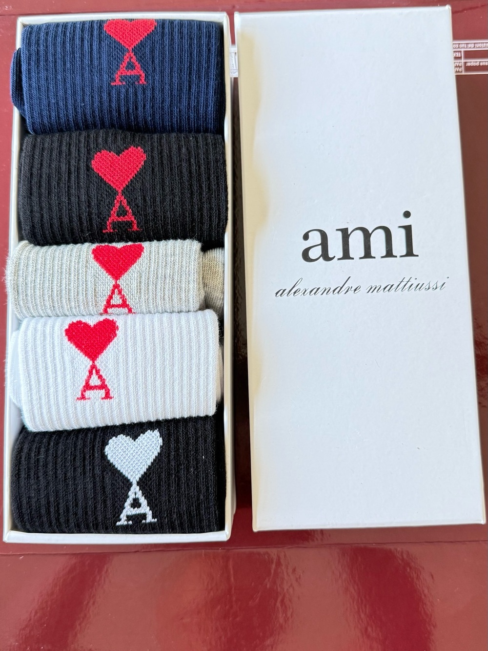 Ami Pack of 5 Ribbed Socks with Heart 'A' Logo in Navy, Black, Gray, White